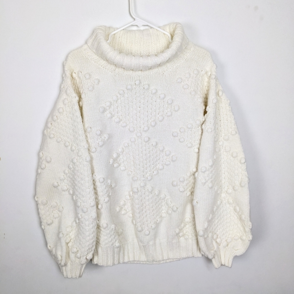 Vintage Cream  Handknit Chunky Bubble Turtleneck Oversized Sweater sz M/L